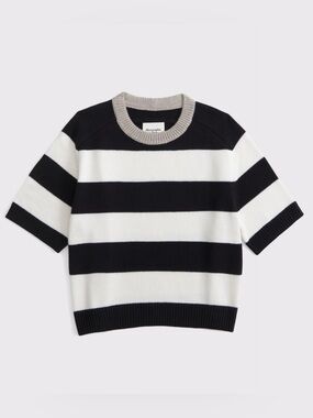 NWT The A&F Madeline Crew Sweater Tee - Black & White Stripe Short Sleeve Size L